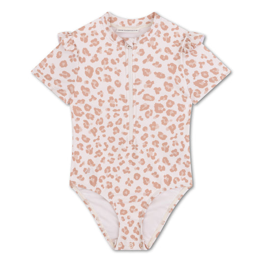 Beige Leopard Swimsuit girl short sleeves by Swim Essentials
