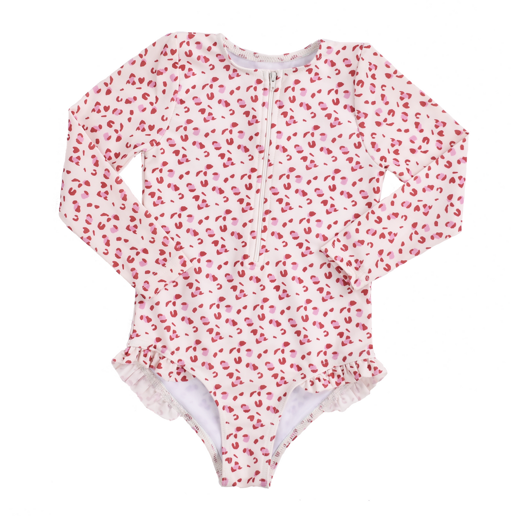 Pastel pink leopard print Swimsuit girl long sleeves by Swim Essentials