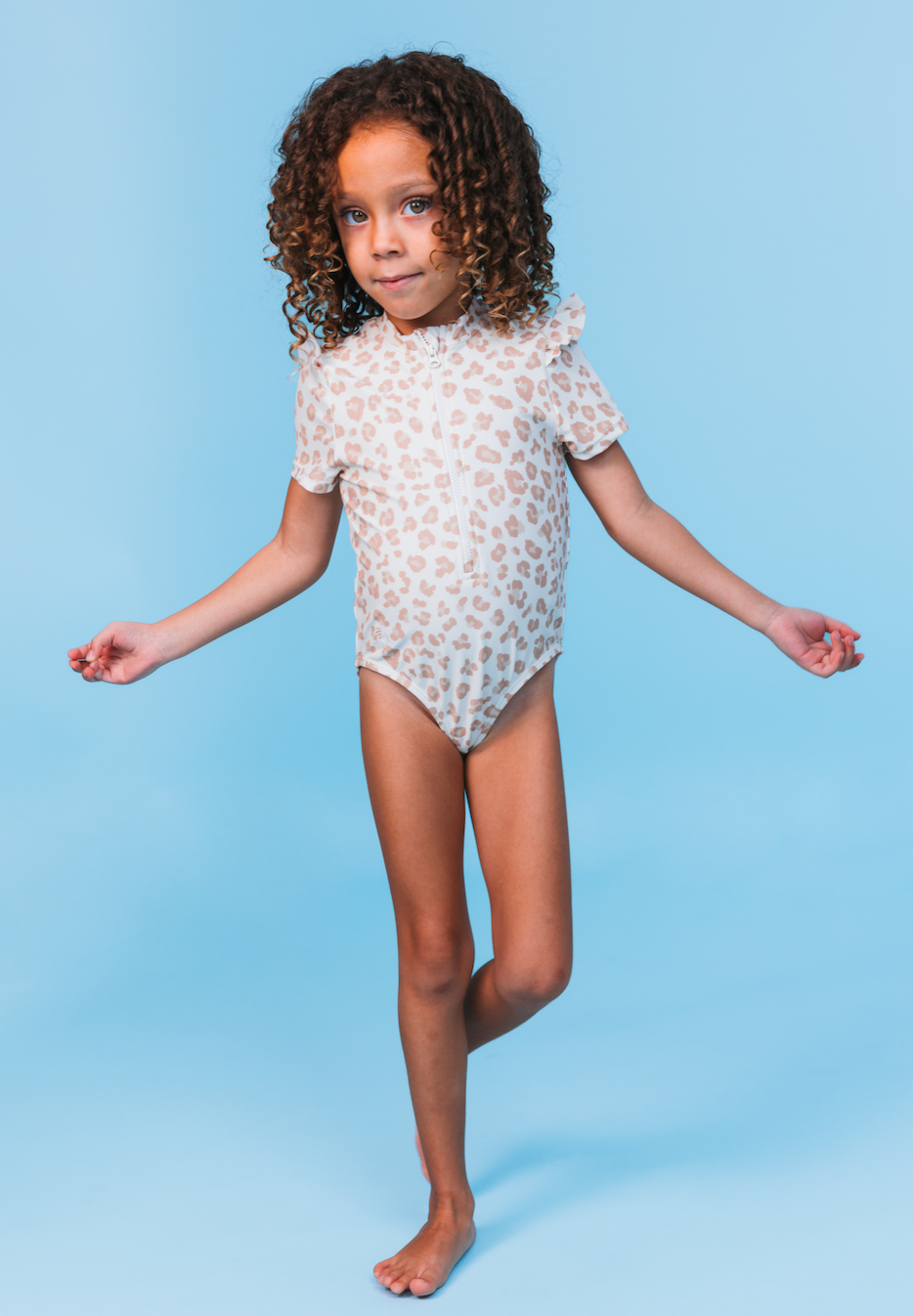 Beige Leopard Swimsuit girl short sleeves by Swim Essentials