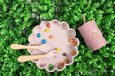 kids Plate with silicon/bamboo spoon and fork Pink by Amini