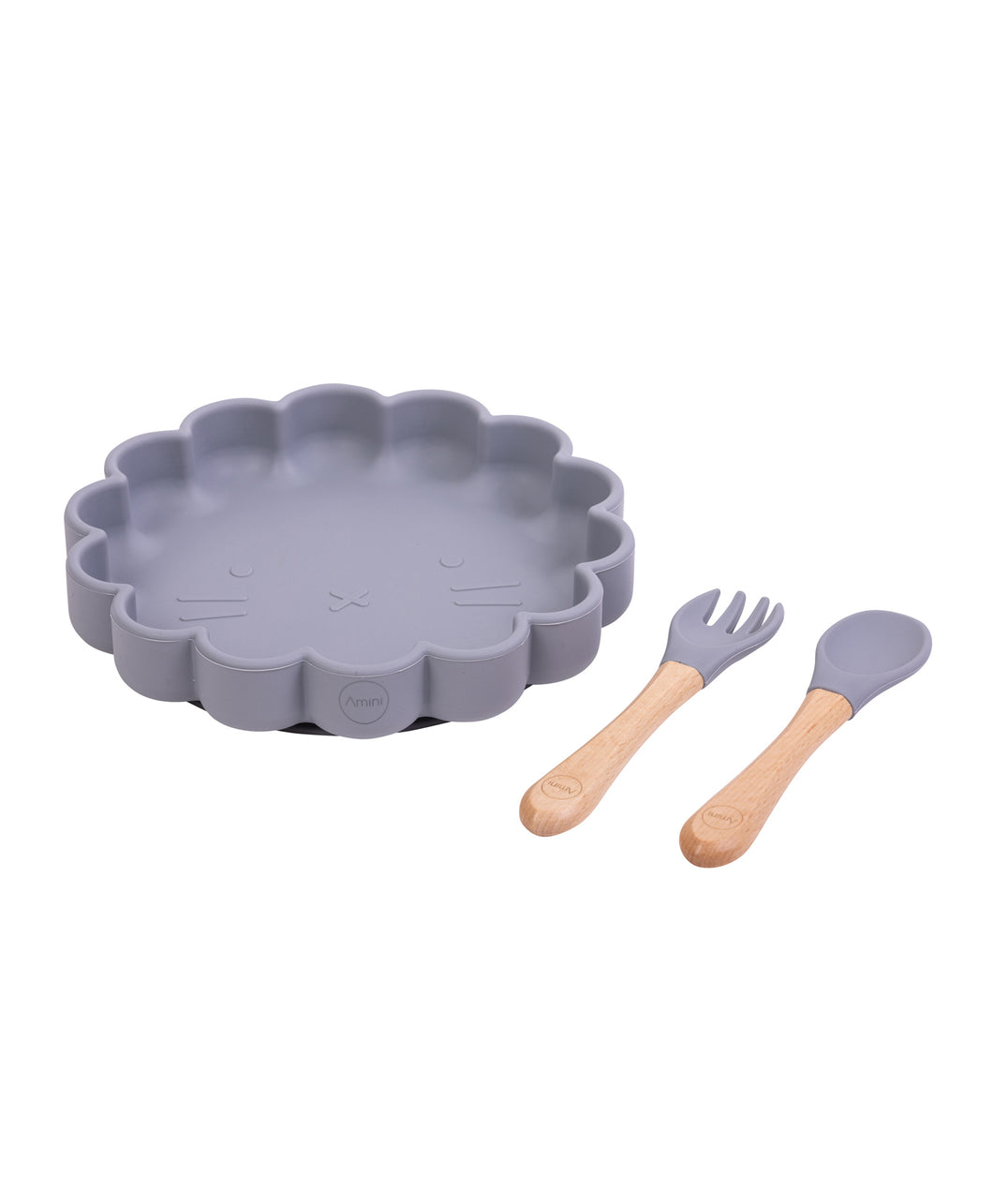 kids Plate with silicon/bamboo spoon and fork Grey by Amini
