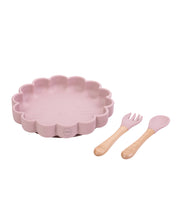 Load image into Gallery viewer, kids Plate with silicon/bamboo spoon and fork Pink by Amini

