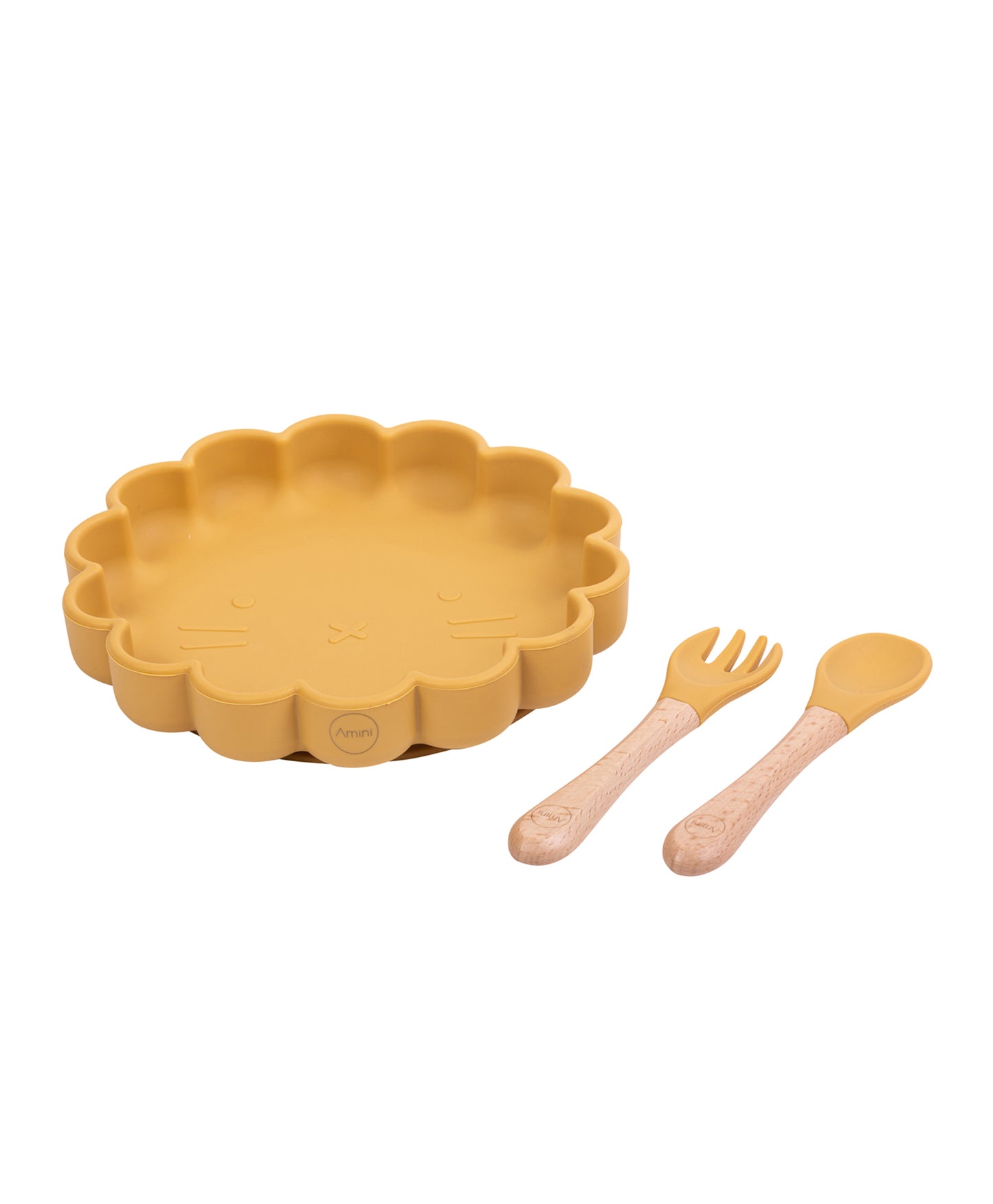 kids Plate with silicon/bamboo spoon and fork Yellow by Amini
